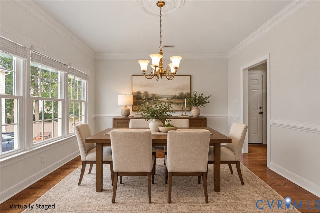 11100 Glen Hollow Court, Henrico, VA 23233 Hardwood-style flooring, white wainscoting, crown molding, multiple transom windows, and a decorative ceiling medallion