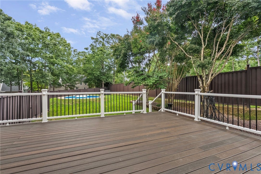 11100 Glen Hollow Court, Henrico, VA 23233 Composite decking, white railing with black balusters, and mature perimeter trees