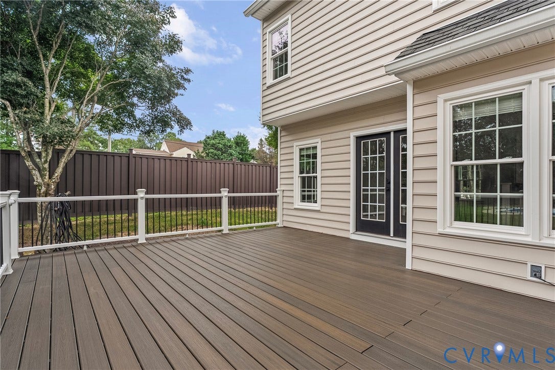 11100 Glen Hollow Court, Henrico, VA 23233 Expansive wood-finish deck with white railings and black balusters