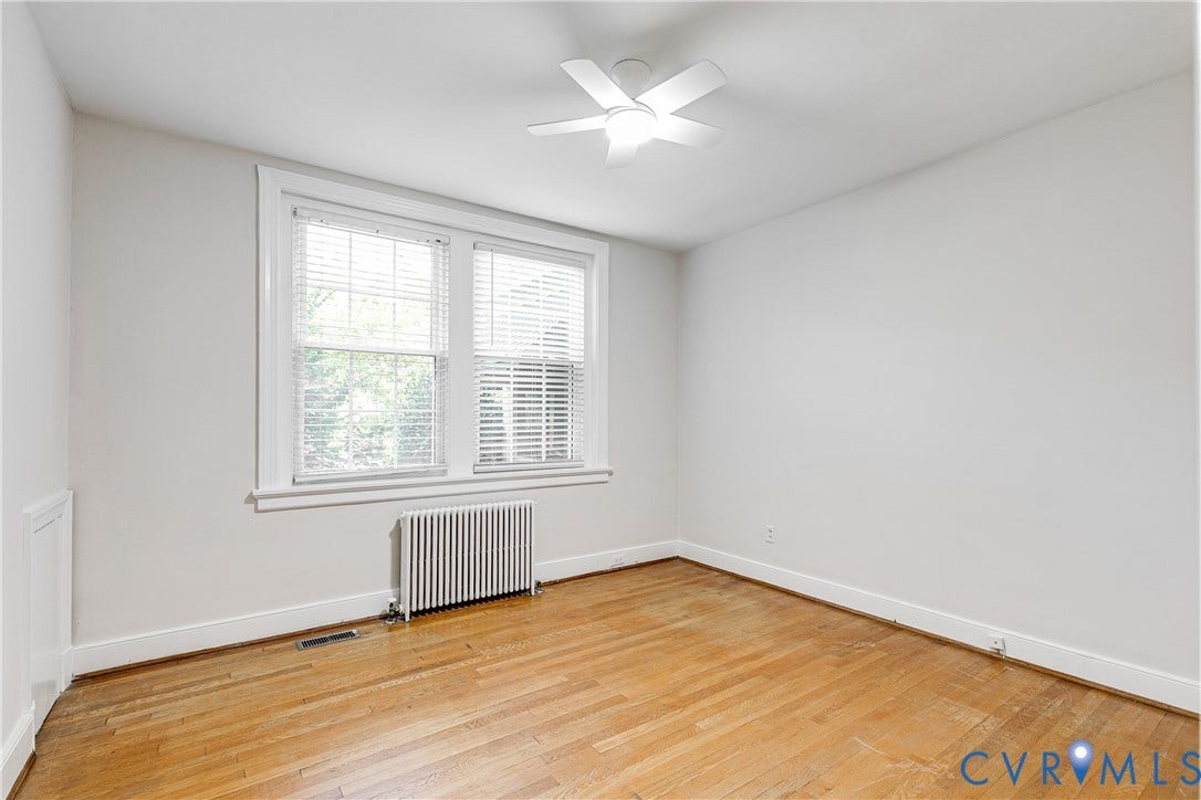 4010 Patterson Avenue, #1stfl, Richmond, VA 23221 Hardwood flooring, white window blinds, white ceiling fan, and white painted walls