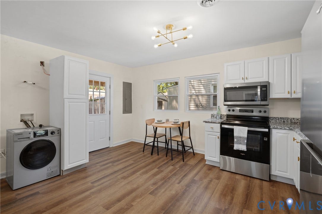 2911 Poplar Street, Hopewell, VA 23860 White cabinetry, stainless steel appliances, wood-finish flooring, and a modern ceiling light fixture