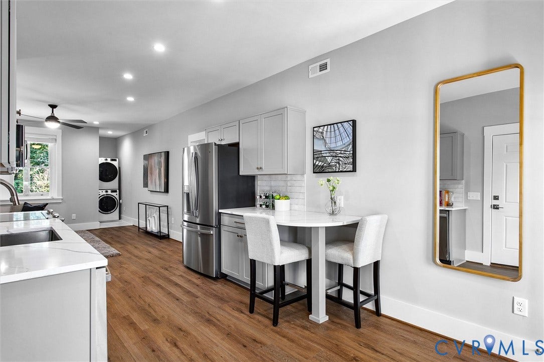 2902 Idlewood, #5, Richmond, VA 23221 Modern kitchen featuring light gray cabinetry, stainless steel appliances, white countertops, and wood-finish flooring