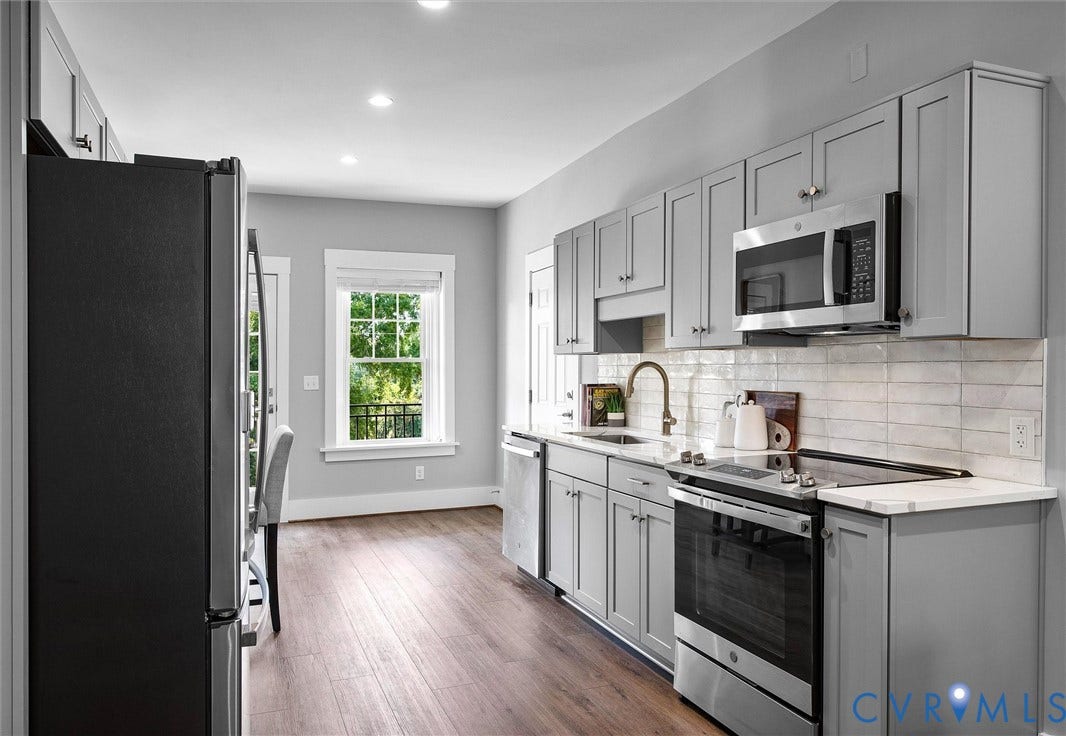 2902 Idlewood, #5, Richmond, VA 23221 Kitchen featuring stainless steel appliances, grey cabinetry, white countertops, a tiled backsplash, and recessed lighting
