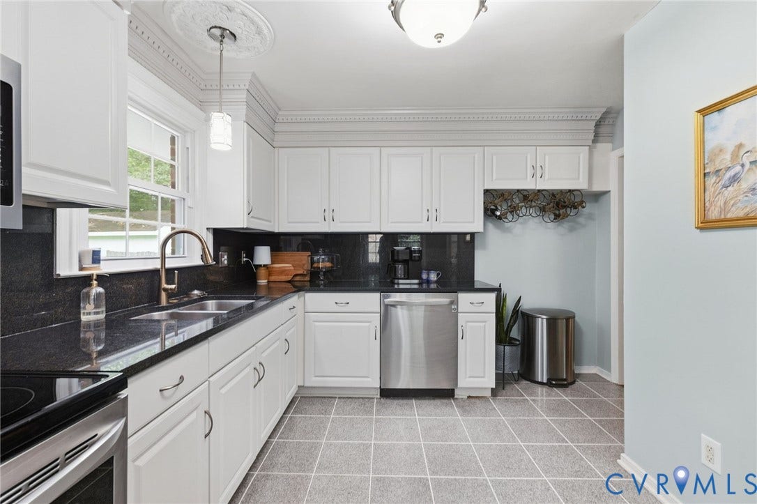 6723 Cherry Road, Woodhaven Shores, Quinton, VA 23141 White cabinetry with brushed nickel hardware, dark stone countertops, stainless steel appliances, a double basin sink with a bronze-tone faucet, and light-toned floor tiling
