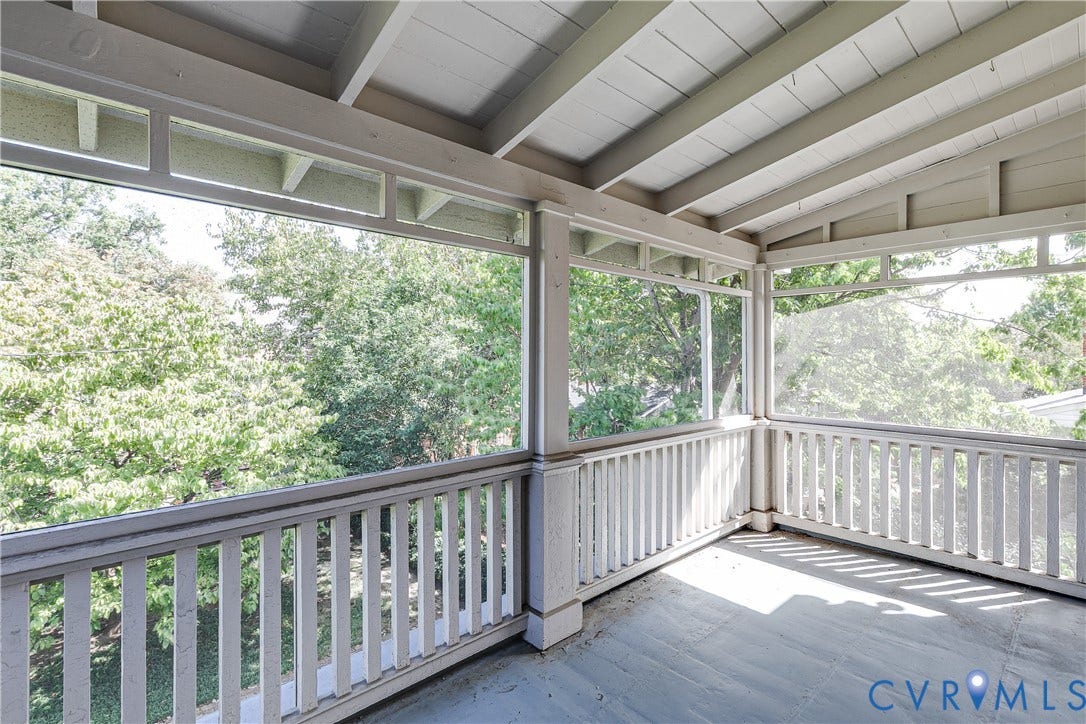 4010 Patterson Avenue, #2ndfl, Richmond, VA 23221 Screened porch featuring a painted wood plank ceiling, painted wood flooring, wood railings, and ample natural light
