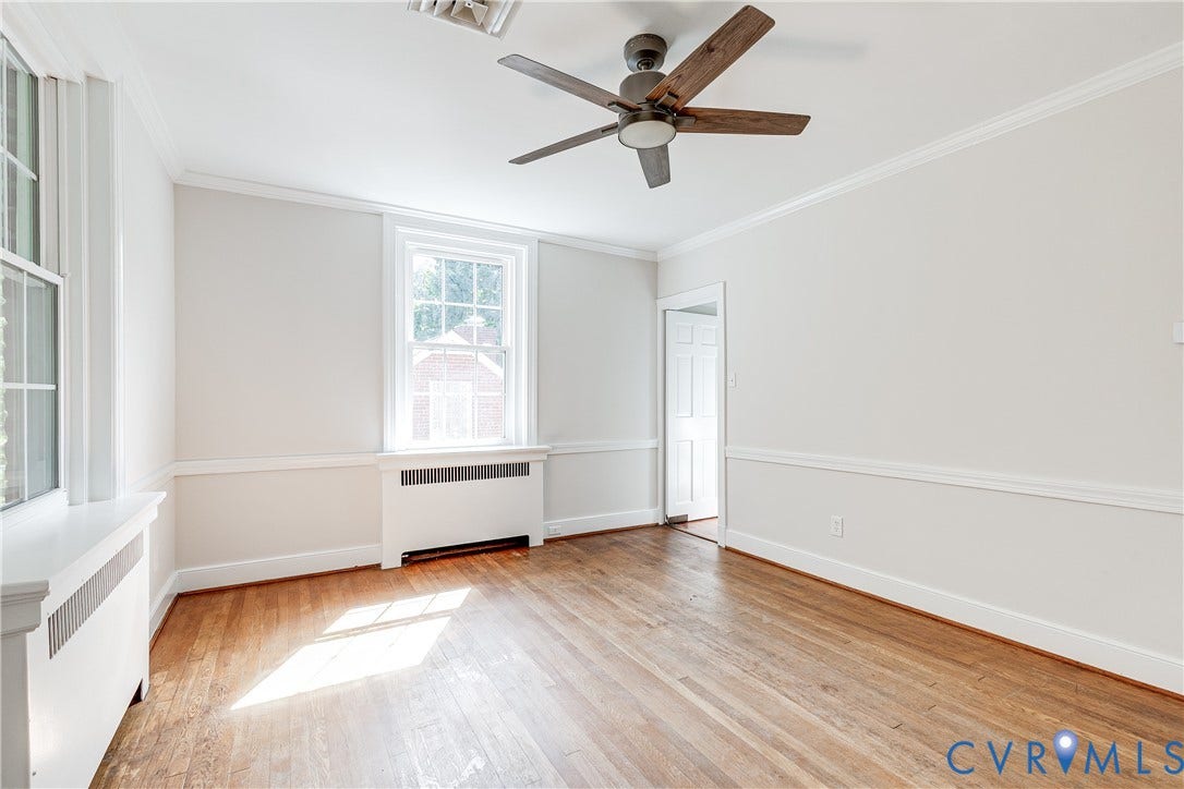 4010 Patterson Avenue, #2ndfl, Richmond, VA 23221 Hardwood flooring, crown molding, chair rail molding, ceiling fan with light, and two windows