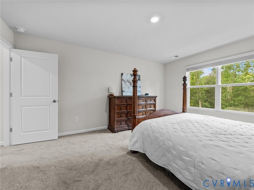 6901 Switch Cane Court, The Arbors, New Kent, VA 23141 Large window with exterior foliage, recessed ceiling lighting, light-toned wall paint, and gray carpet flooring