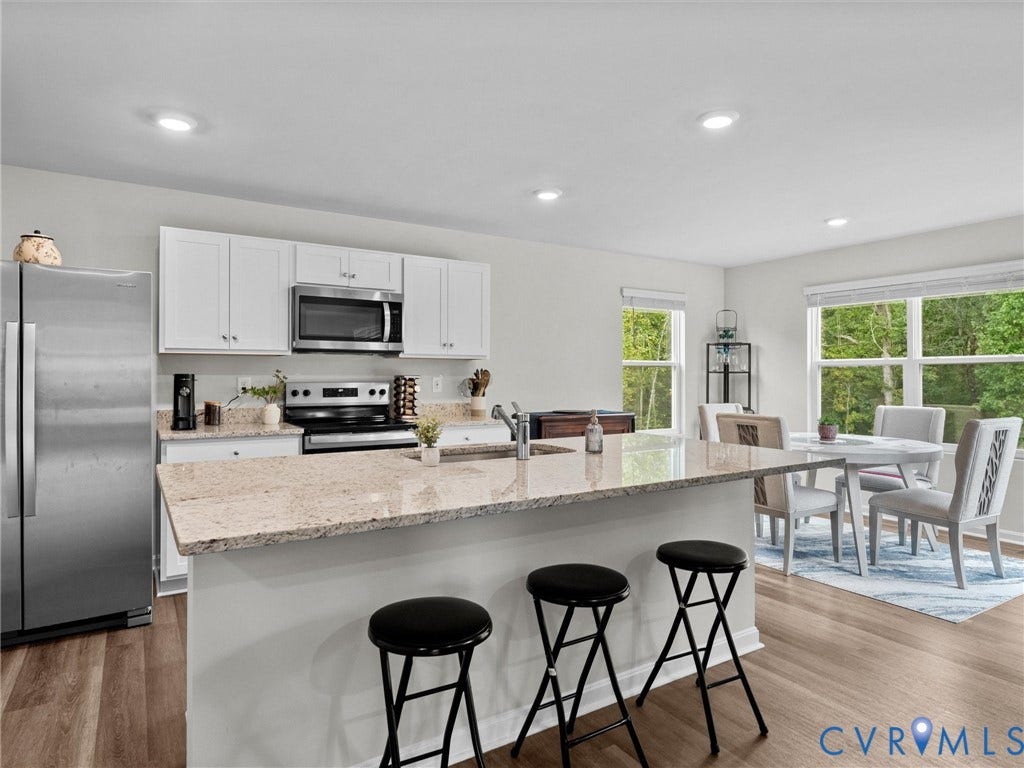 6901 Switch Cane Court, The Arbors, New Kent, VA 23141 Modern kitchen featuring stainless steel appliances, white cabinetry, granite countertops, and wood-finish flooring