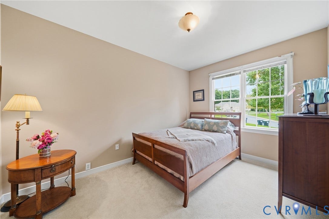 Neutral wall paint, plush carpet flooring, and a flush mount ceiling light