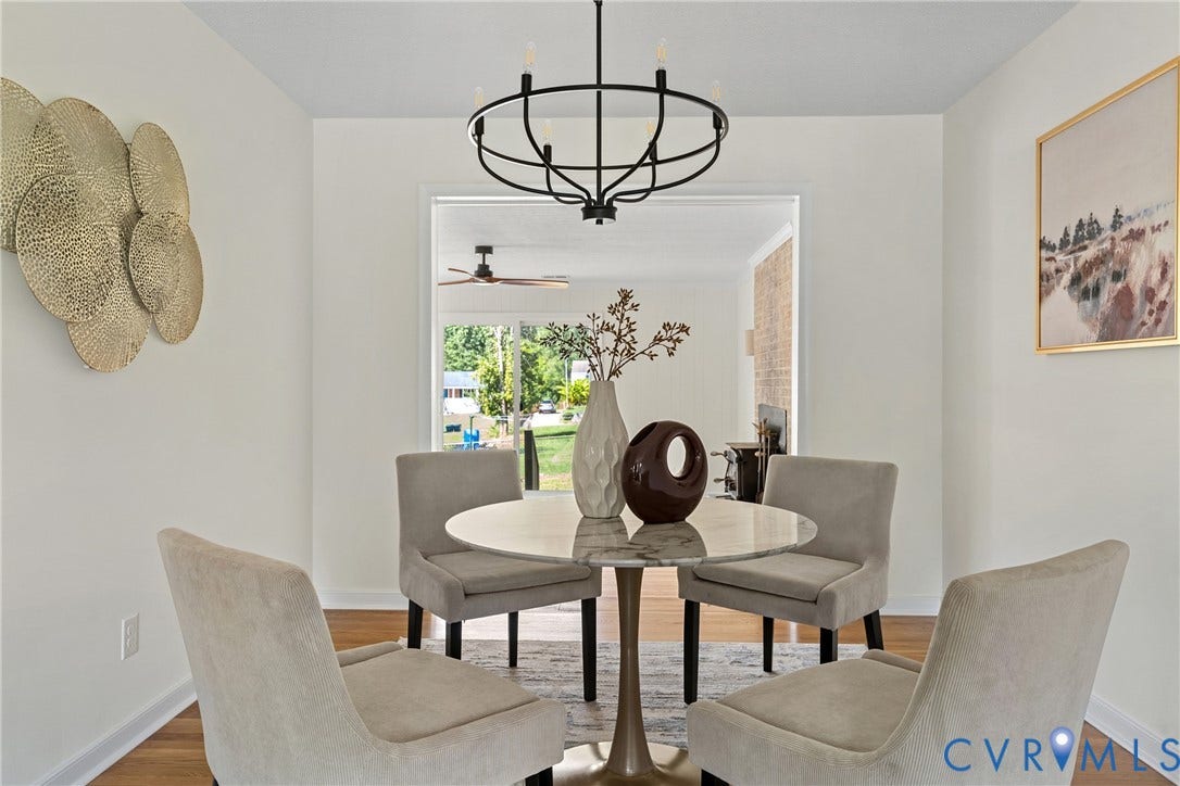 7402 Edgewood Avenue, Richmond, VA 23227 Hardwood-finish flooring, white wall paint, and a circular chandelier with a matte black finish
