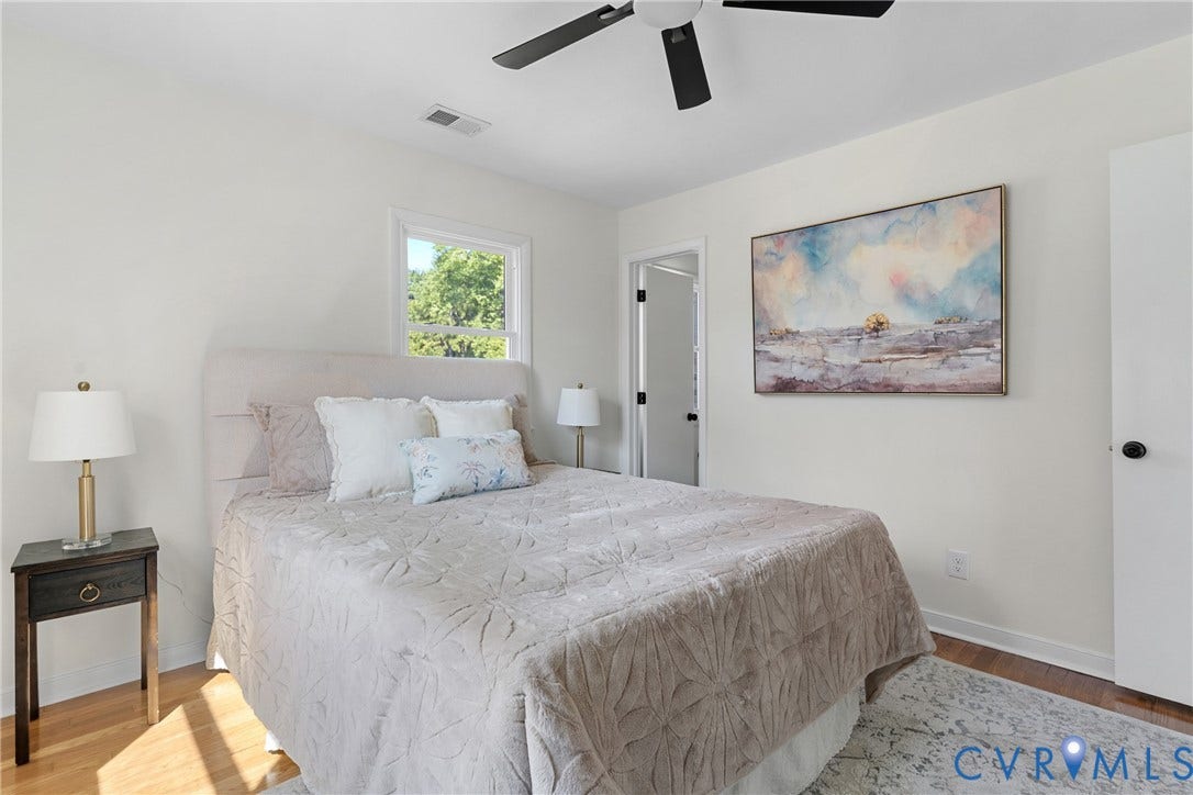 7402 Edgewood Avenue, Richmond, VA 23227 Recessed lighting, wood-finish flooring, white walls, black ceiling fan, and white window trim