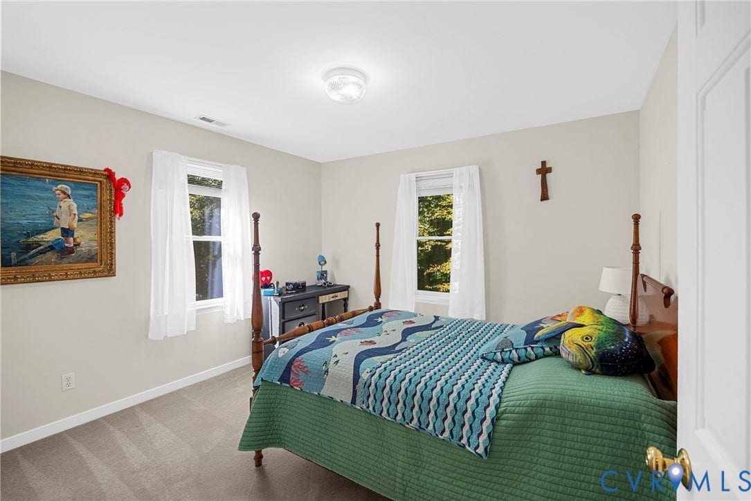 12082 Victoria Hills Road, Rockville, VA 23146 Neutral-toned room featuring neutral carpeting, two double-hung windows, and a central flush-mount ceiling fixture