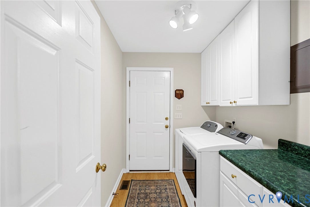 12082 Victoria Hills Road, Rockville, VA 23146 Laundry area featuring white shaker-style wall cabinets, a stone-finish countertop, wood-finish flooring, and multi-bulb track lighting