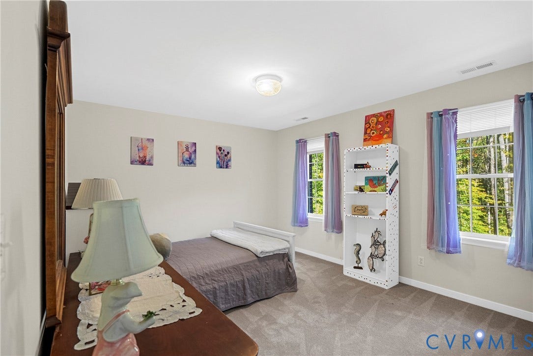 12082 Victoria Hills Road, Rockville, VA 23146 Neutral wall tones, carpeted flooring, and two double-hung windows with exterior landscape exposure