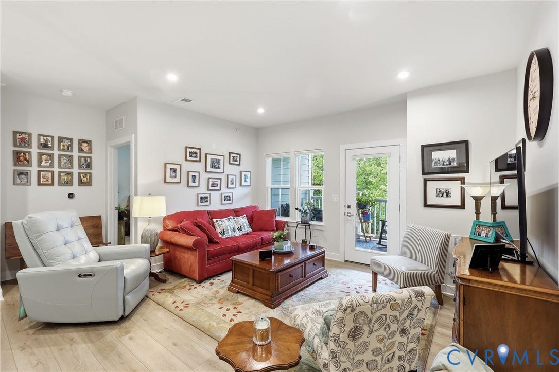 15801 Hallowell Ridge, #304, Moseley, VA 23120 Recessed lighting, wood-finish flooring, white trim, and a glass-paneled door leading to an outdoor deck