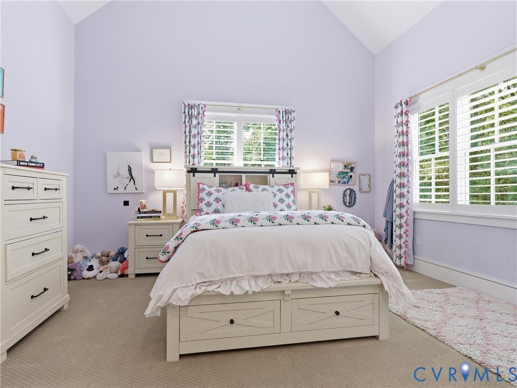 Vaulted ceiling, two windows with plantation shutters, built-in bedside shelving, and neutral carpet flooring