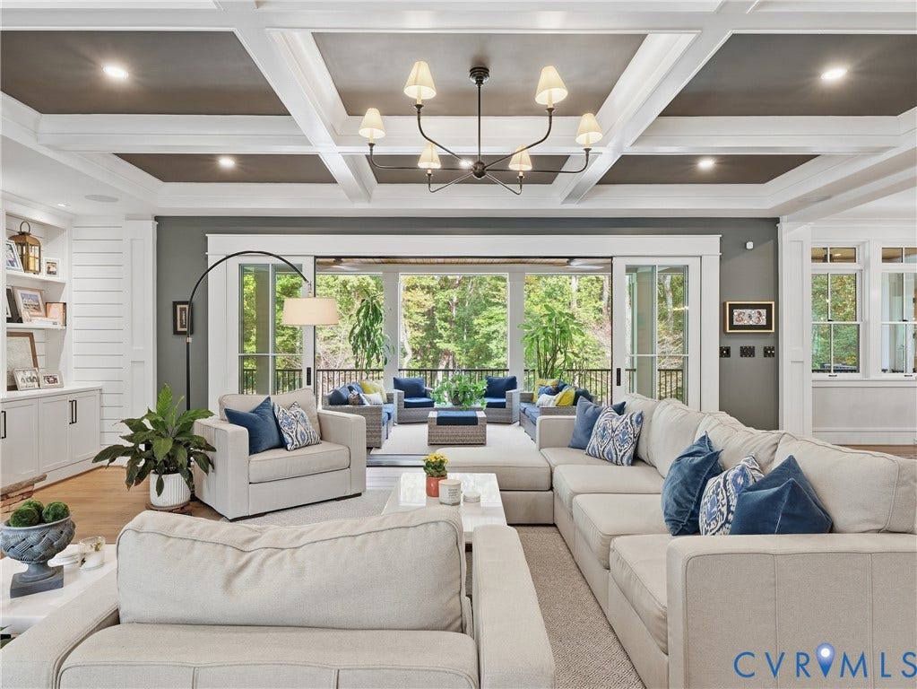 Coffered ceiling with recessed lighting, built-in shelving, large sliding glass doors, and expansive windows