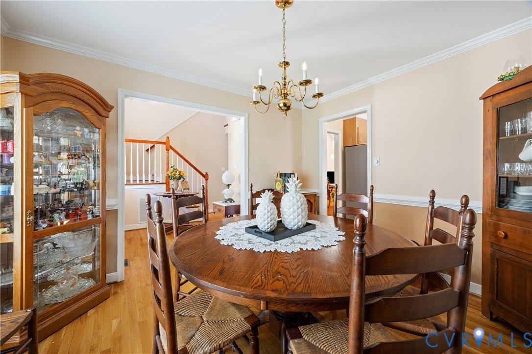 717 McCauliff Drive, Chesterfield, VA 23236 Hardwood flooring throughout, crown molding, chair rail molding, and an overhead chandelier