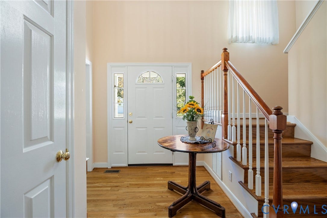 717 McCauliff Drive, Chesterfield, VA 23236 Two-story foyer with wood-finish flooring, a wood staircase, and a decorative front entry door with sidelights