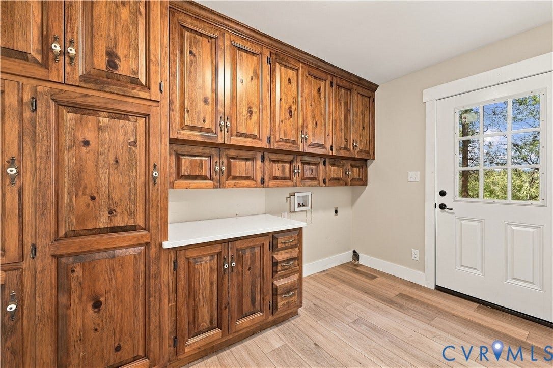 17 River Walk, Cumberland, VA 23027 Wood-finish flooring, extensive wood cabinetry, white countertop, and a white door with multiple glass panes