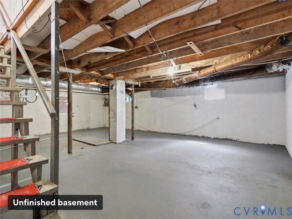 21600 Patrick Henry Highway, Amelia, VA 23083 Unfinished basement featuring exposed wood beams, concrete flooring, and an open layout