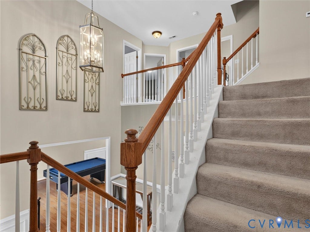 7478 Troub Lane, Elwin Place, Mechanicsville, VA 23111 Carpeted staircase with wood-finish handrails and white balusters