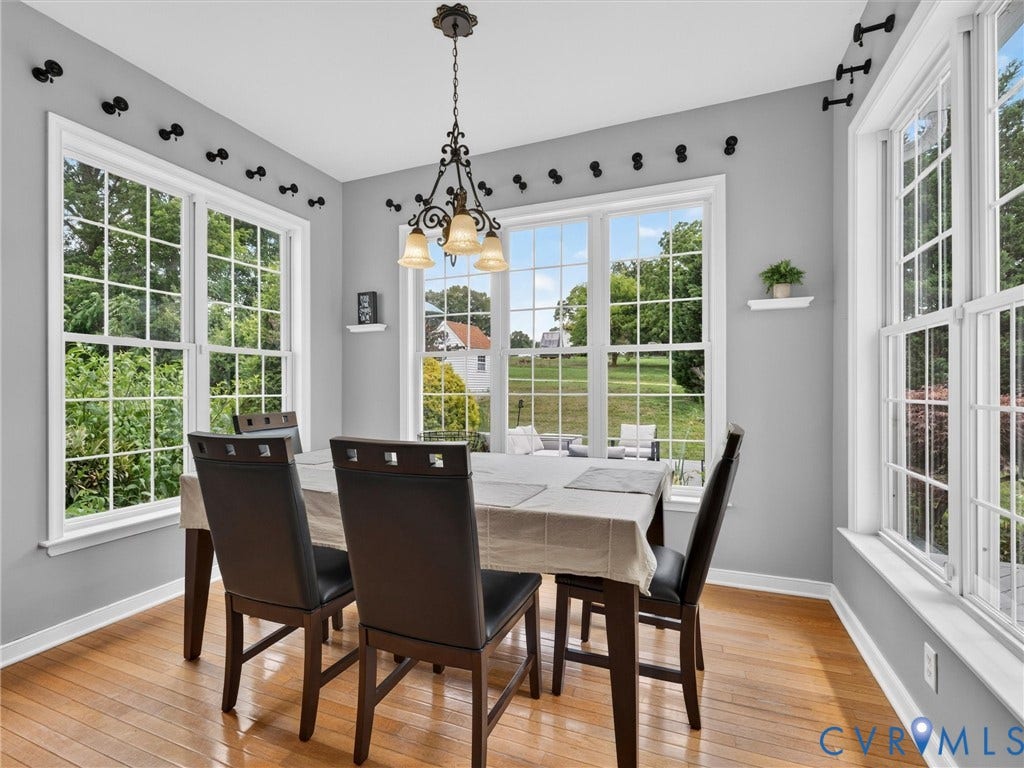 7478 Troub Lane, Elwin Place, Mechanicsville, VA 23111 Hardwood flooring, multiple large windows, a decorative chandelier, and light gray wall finishes