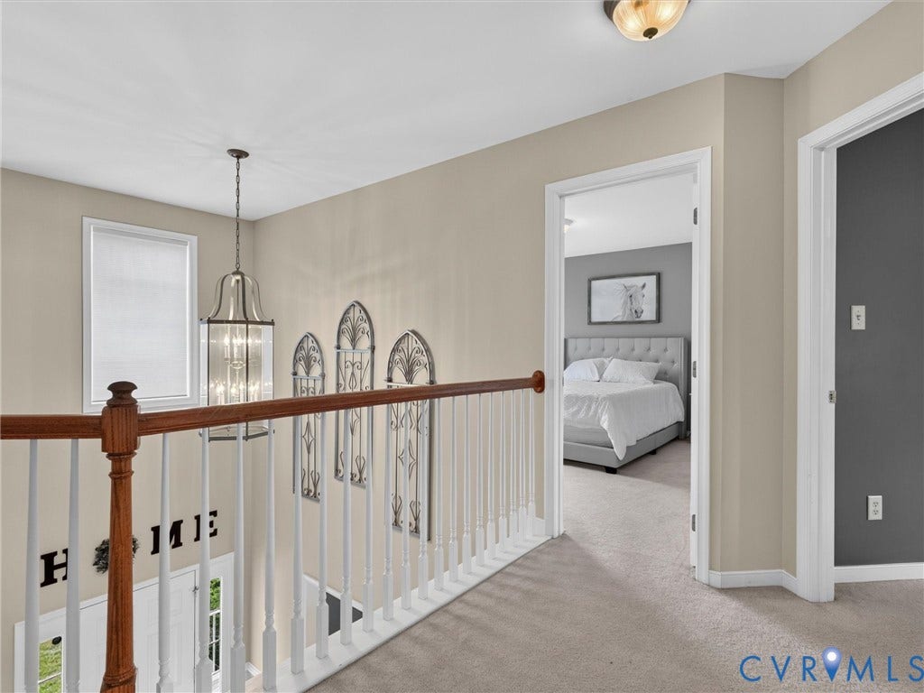 7478 Troub Lane, Elwin Place, Mechanicsville, VA 23111 Carpeted hallway with a wood and white spindle railing