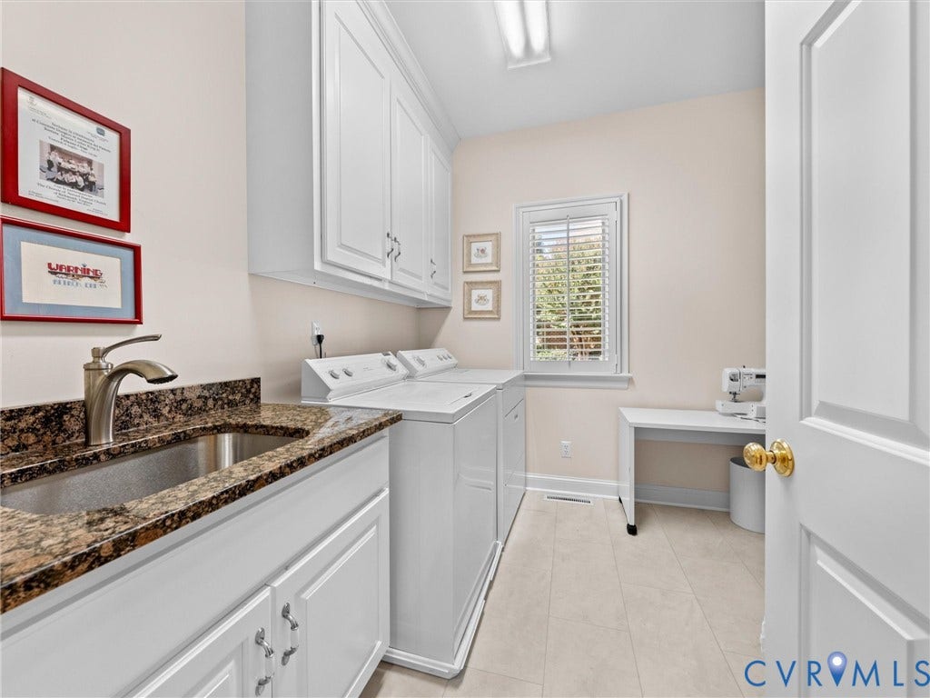 Utility room with white cabinetry, granite-finish countertop, stainless steel sink, and a window with horizontal blinds