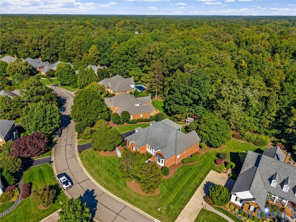 Aerial perspective of a residential street with mature trees and landscaped properties