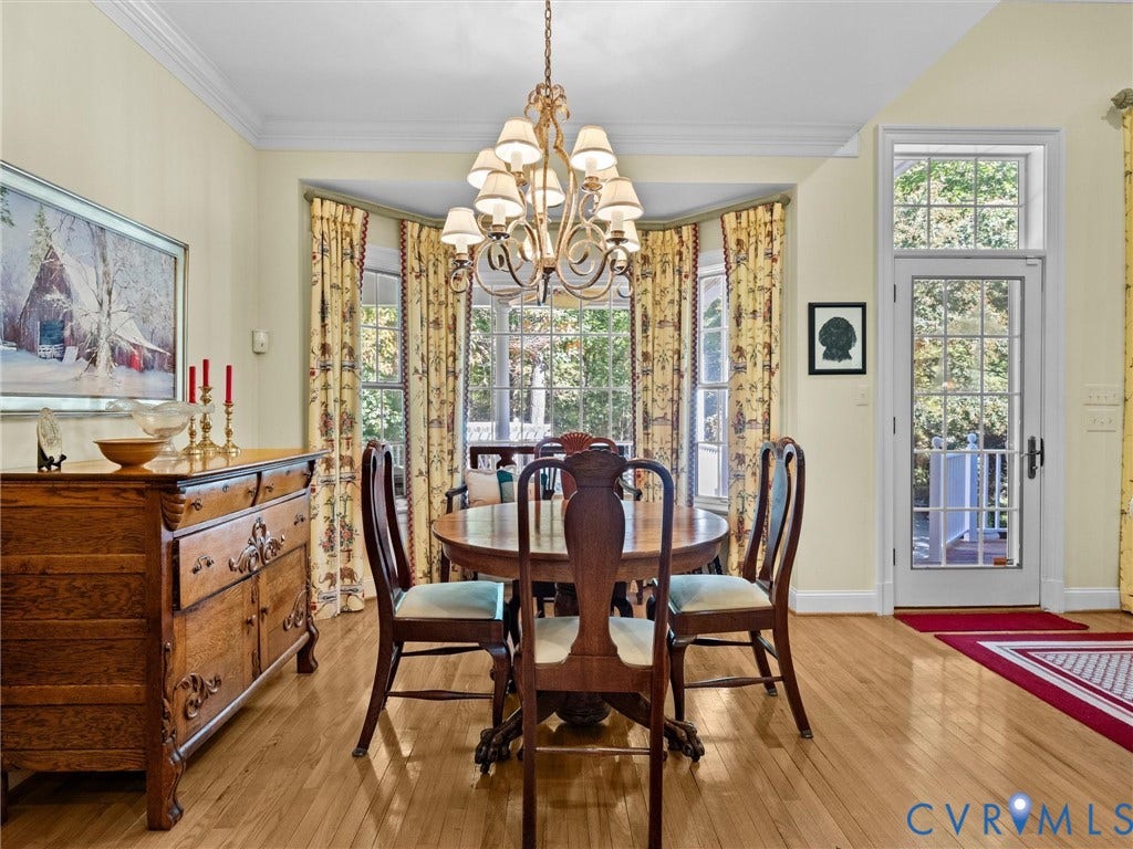 Hardwood flooring, crown molding, bay window, glass-paned door, and chandelier