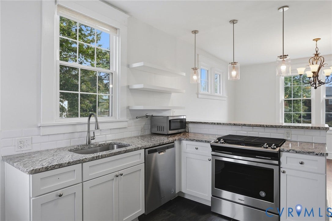 2900 Seminary Avenue, Northside, Richmond, VA 23220 White cabinetry, granite countertops, subway tile backsplash and stainless steel appliances.