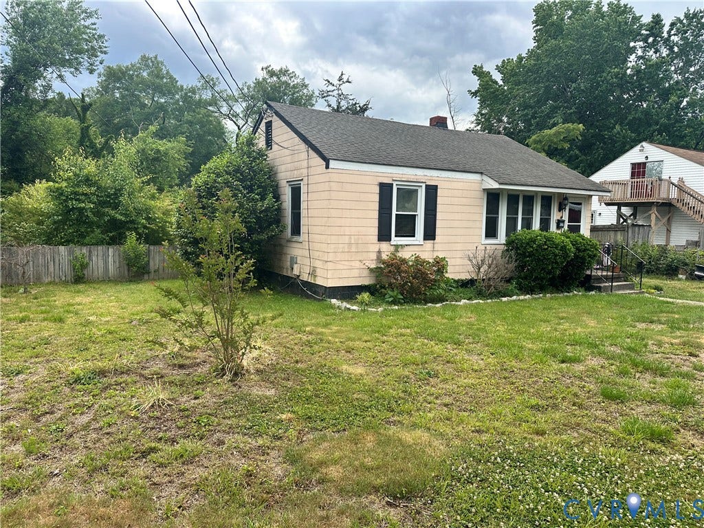 3915 Arden Road, Henrico, VA 23222 Single-story residence with light-colored siding, dark shutters, a dark-shingle roof, and a front porch with railing