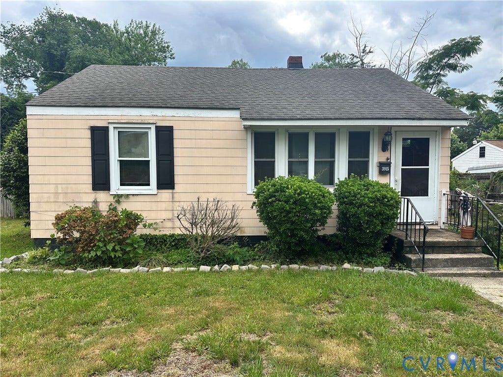 3915 Arden Road, Henrico, VA 23222 Light-colored siding exterior with dark shutters, multiple front windows, and a dark asphalt shingle roof