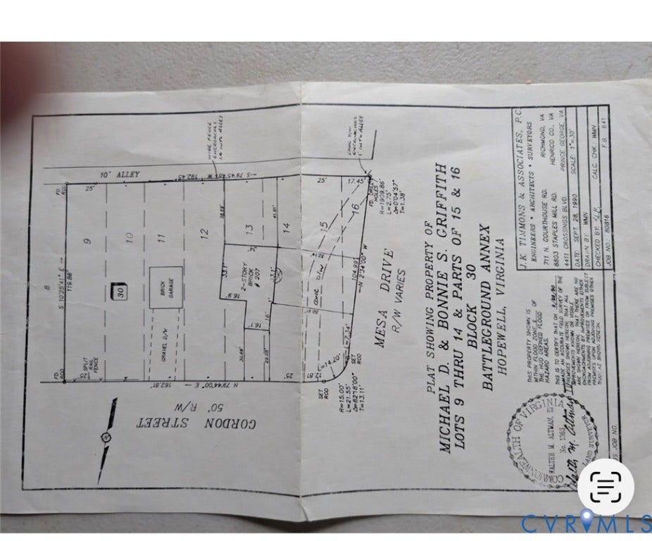 207 S Mesa Drive, Hopewell, VA 23860 Plat. Illustrating the property boundaries and lot divisions for the specified parcel