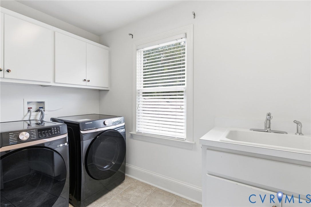 3808 Barrington Branch Court, Henrico, VA 23233 White cabinetry, utility sink with chrome faucet, light-toned flooring, and window with blinds