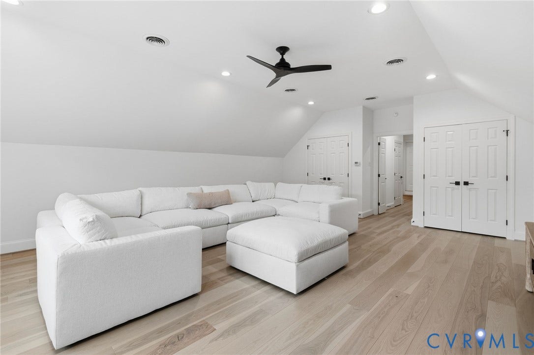 3808 Barrington Branch Court, Henrico, VA 23233 Sloped ceilings, wood-finish flooring, recessed lighting, and a ceiling fan