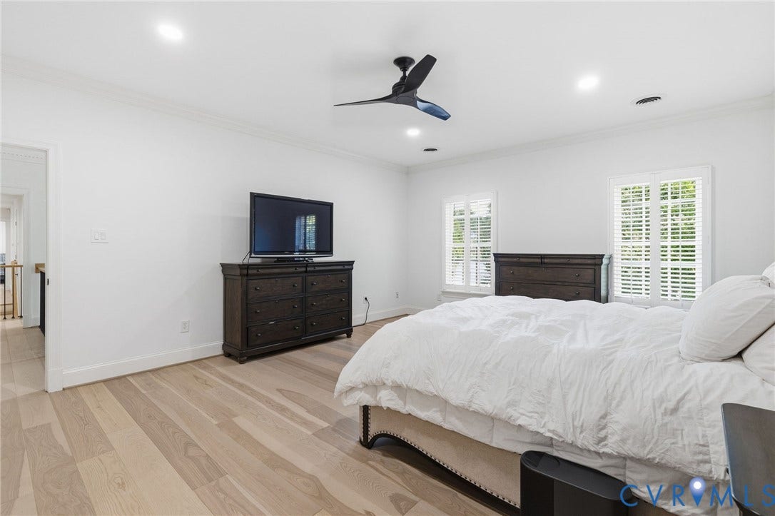 3808 Barrington Branch Court, Henrico, VA 23233 Recessed lighting, ceiling fan, wood-finish flooring, and white window shutters