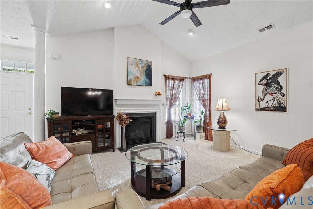 251 Pumpkin Place, Harvest Glen, North Chesterfield, VA 23236 Vaulted ceiling with a ceiling fan, fireplace with a white mantel, recessed lighting, and a white paneled door