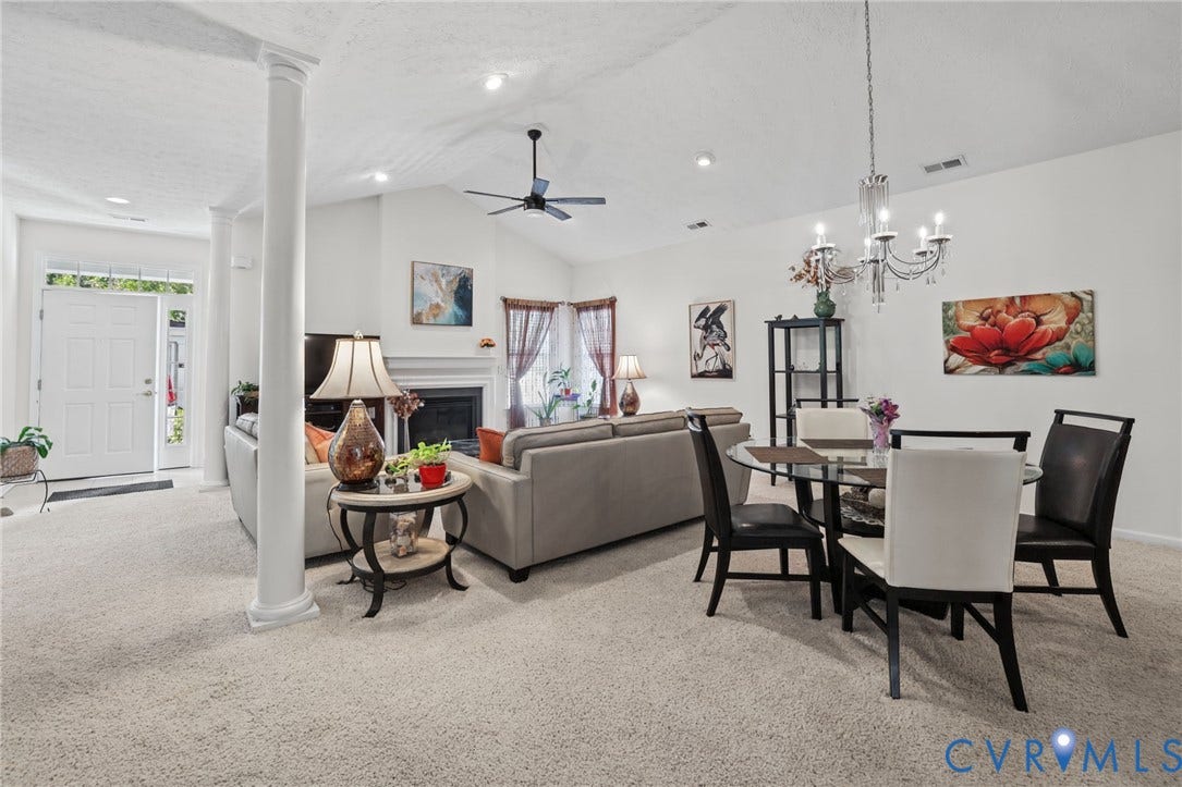 251 Pumpkin Place, Harvest Glen, North Chesterfield, VA 23236 Open-concept living and dining area featuring neutral carpeting, recessed ceiling lighting, and a ceiling fan