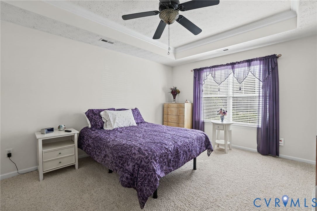 251 Pumpkin Place, Harvest Glen, North Chesterfield, VA 23236 Recessed ceiling with an overhead fan, window with blinds, and light-toned carpet flooring