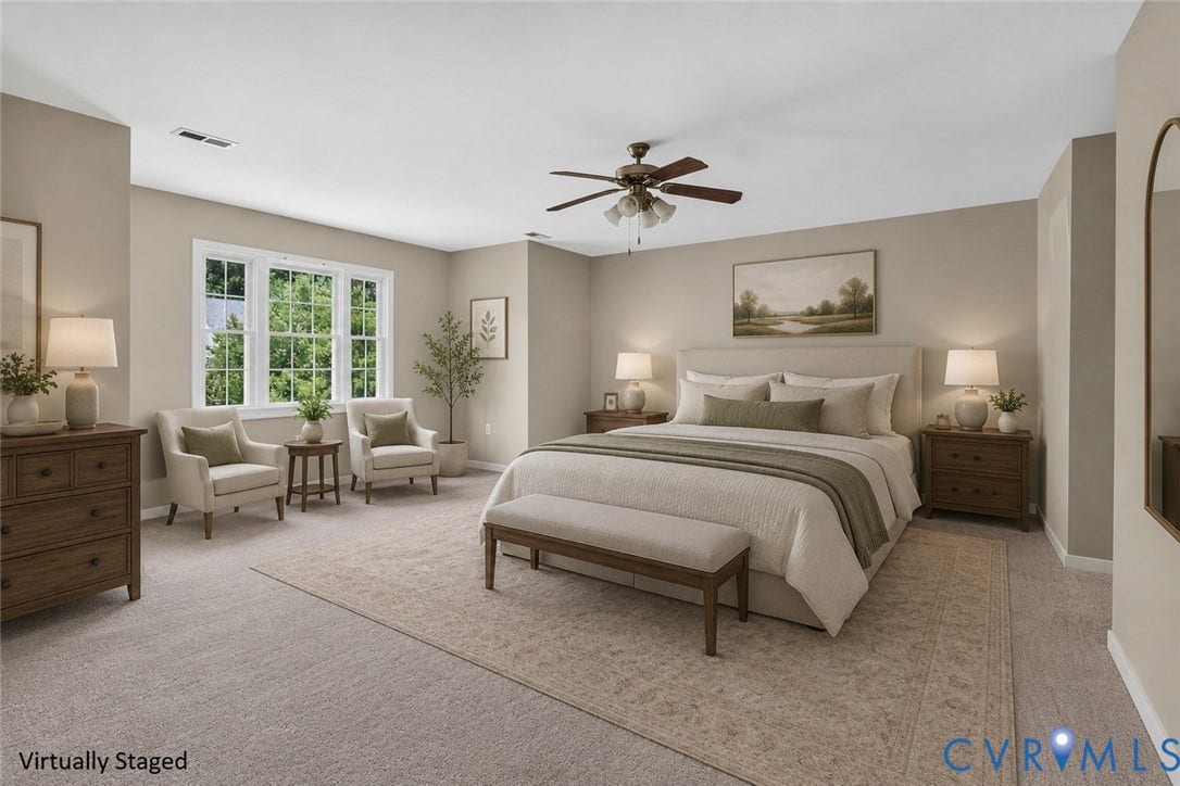 Carpeted flooring, multi-pane window, ceiling fan, neutral wall tones, and recessed lighting