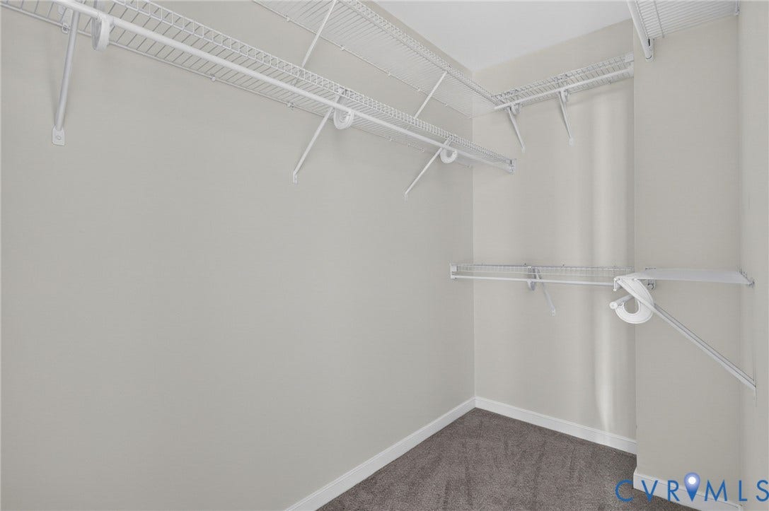 Walk-in closet featuring built-in wire shelving and hanging rods over carpeted flooring