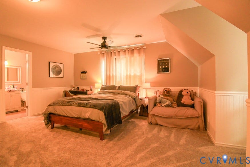 511 Riverview Court, Chester, VA 23836 Carpeted room with a ceiling fan, wall-mounted light fixture, and wainscoting