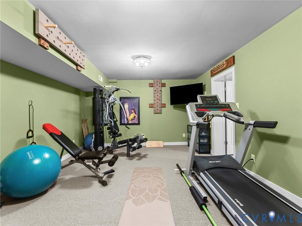 12100 English Ivy Lane, Glen Allen, VA 23059 Interior room featuring neutral carpeting, wall-mounted wooden climbing pegs, and a central flush-mount ceiling light fixture