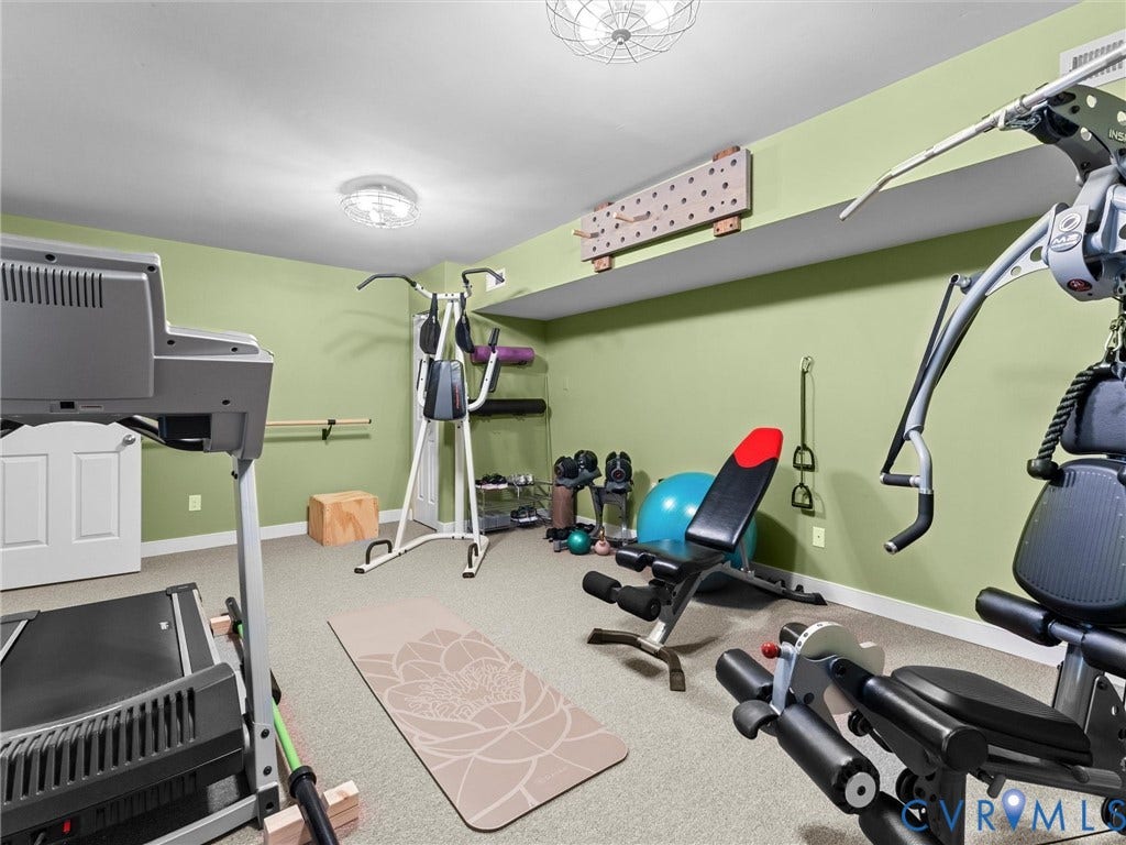 12100 English Ivy Lane, Glen Allen, VA 23059 Interior space featuring wall-mounted pegboard, wall-mounted ballet barre, dual flush-mount ceiling light fixtures, and carpeted flooring