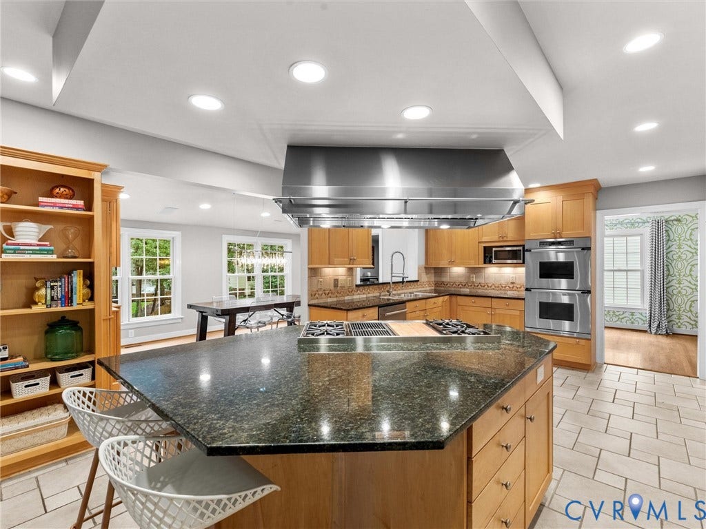 12100 English Ivy Lane, Glen Allen, VA 23059 Kitchen featuring a center island with a stone countertop, built-in gas cooktop, professional-grade stainless steel range hood, double wall ovens, and custom wood cabinetry