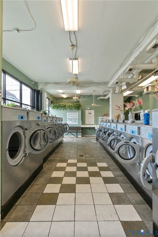 2021 North Avenue, Richmond, VA 23222 Commercial laundry facility featuring multiple front-loading washing machines, a checkerboard tile floor, and fluorescent lighting