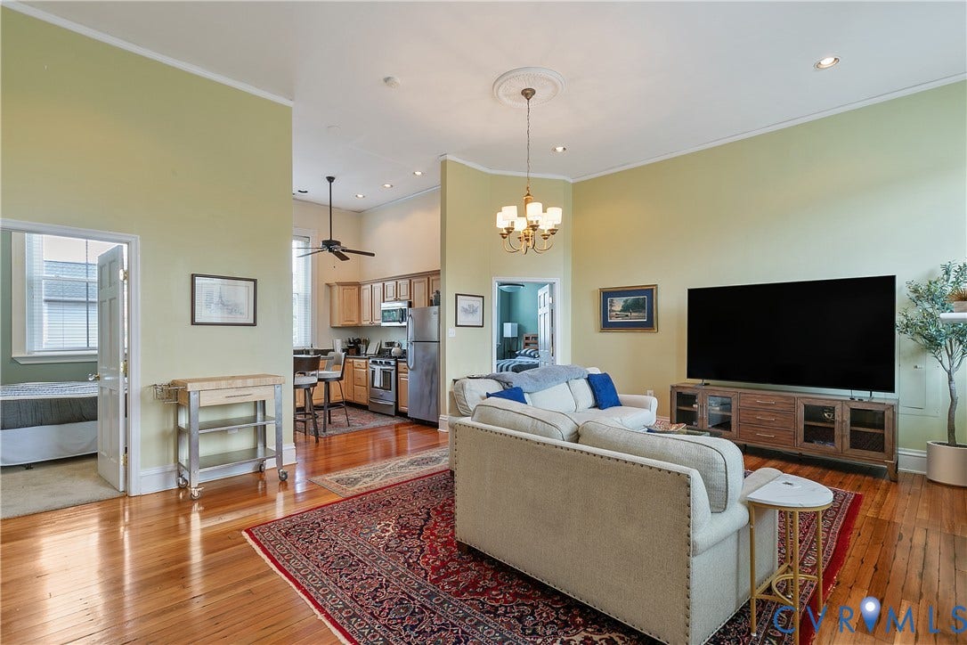 2021 North Avenue, Richmond, VA 23222 Hardwood flooring, high ceilings with crown molding, recessed lighting, and a chandelier with ceiling medallion