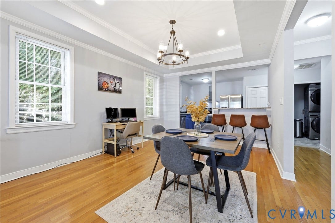 3015 M Street, Church Hill, Richmond, VA 23223 Hardwood-style flooring throughout, tray ceiling with chandelier, recessed lighting, and white trim